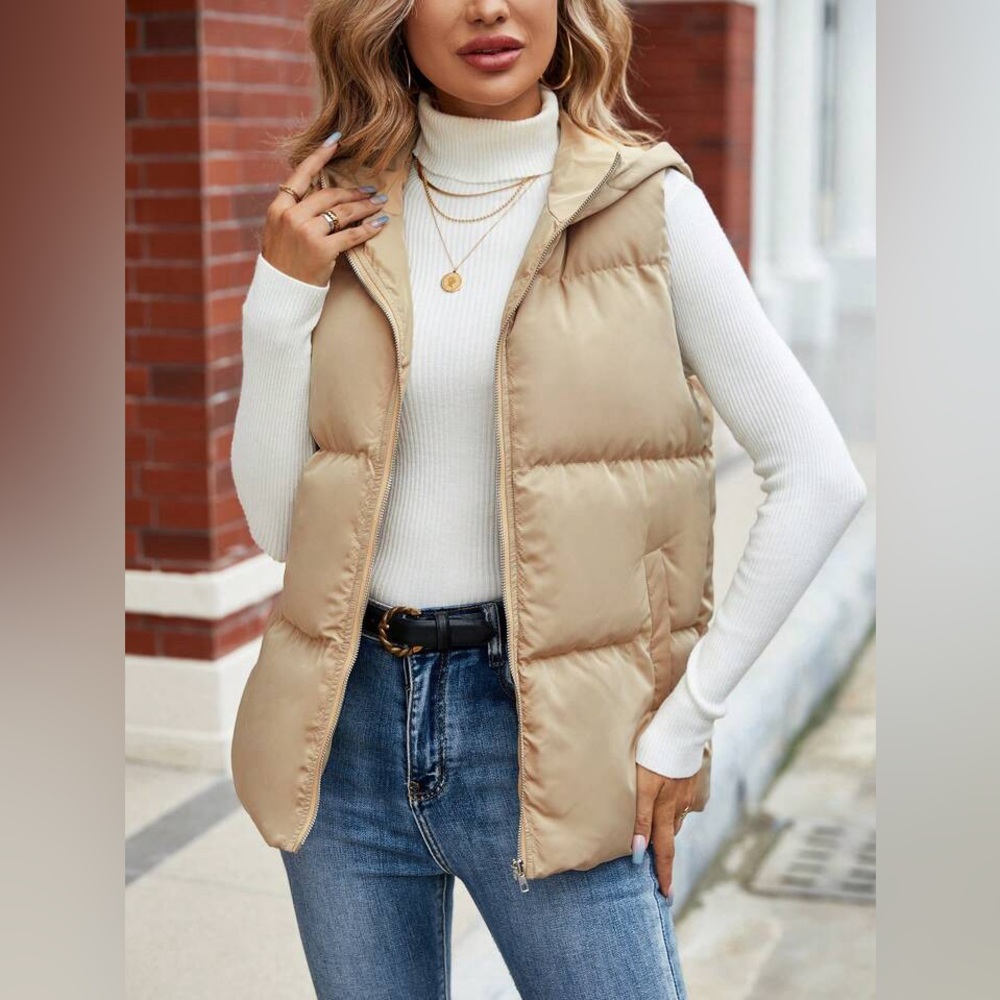 SHEIN Light Beige Zip Up Hooded Quilted Puffer Vest Size Small
